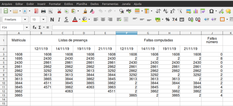 Calculando o número de faltas com listas de presença